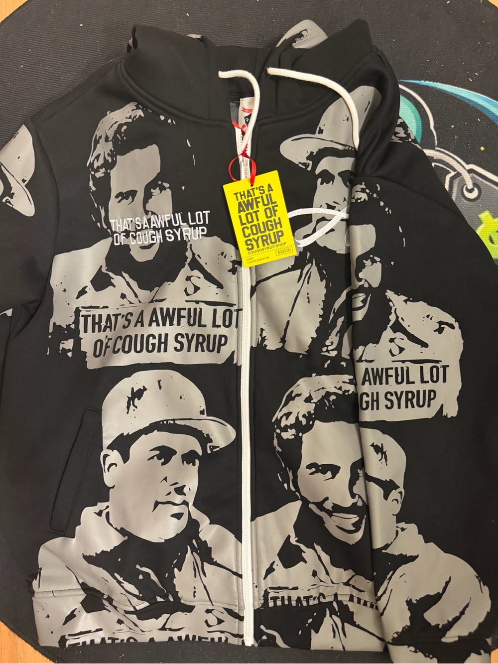 Graphic Zip-Up Hoodie Jacket in Black with Light Gray Print